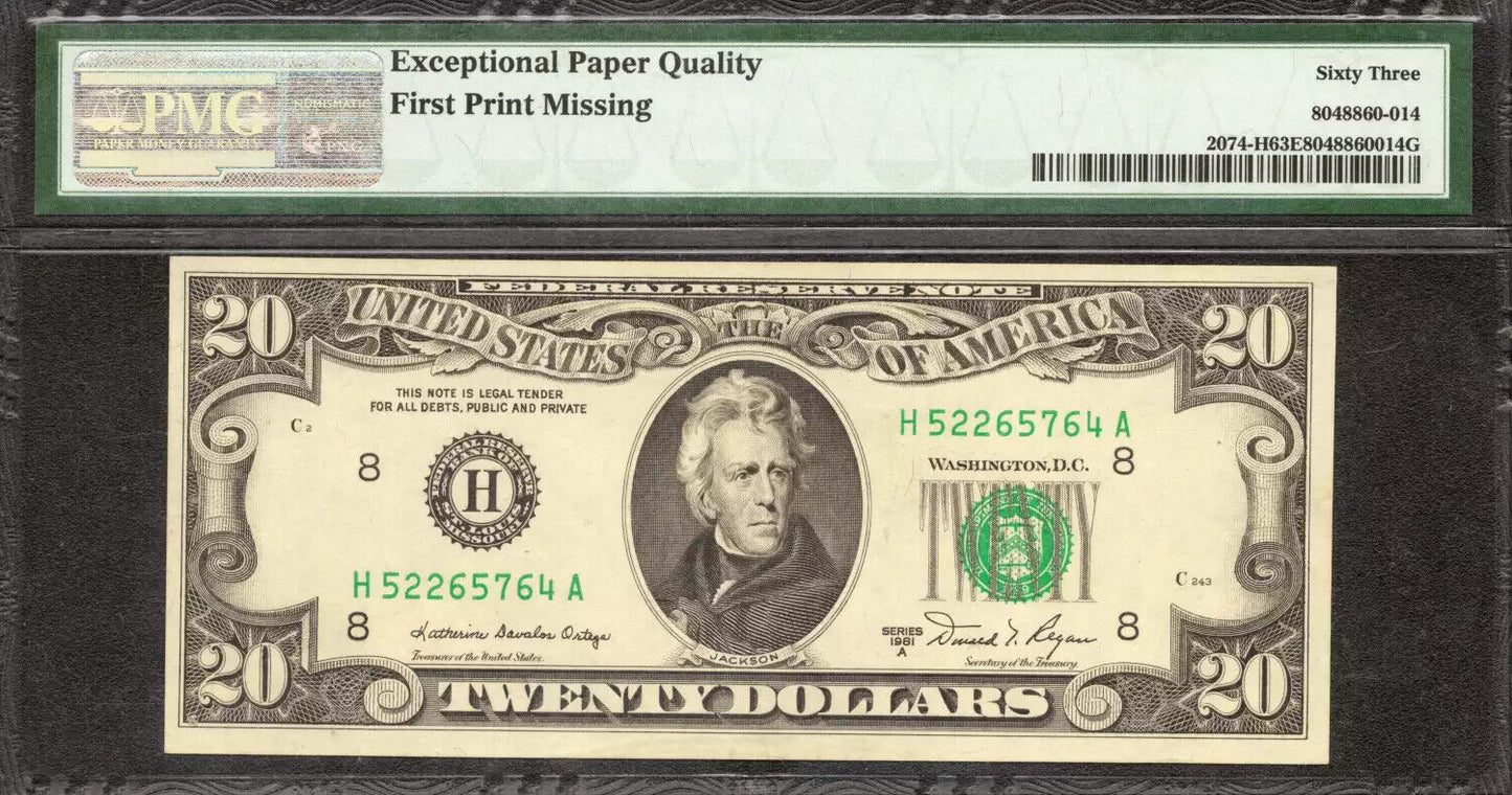 1981A FEDERAL RESERVE NOTE $20 ST LOUIS PMG CU 63 EPQ MISSING PRINT ERROR (764A)