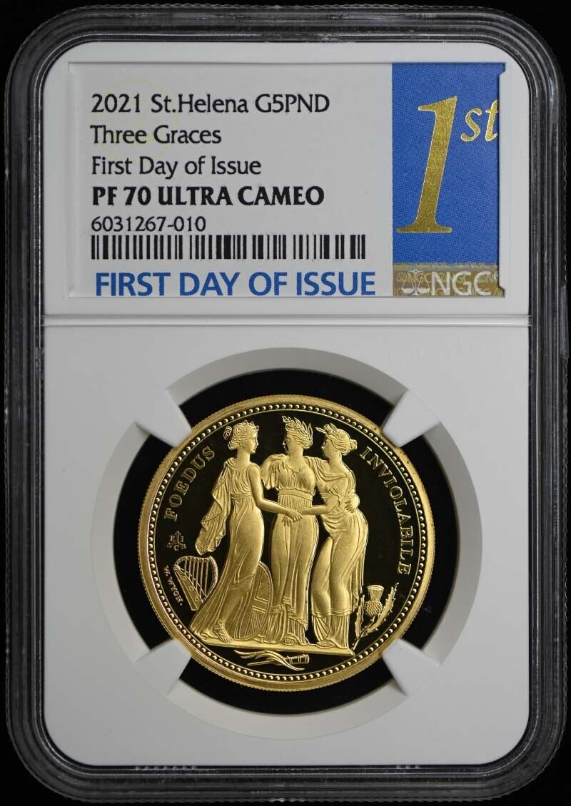 2021 St Helena Three Graces Gold 5 Pounds First Day NGC PR70DCAM