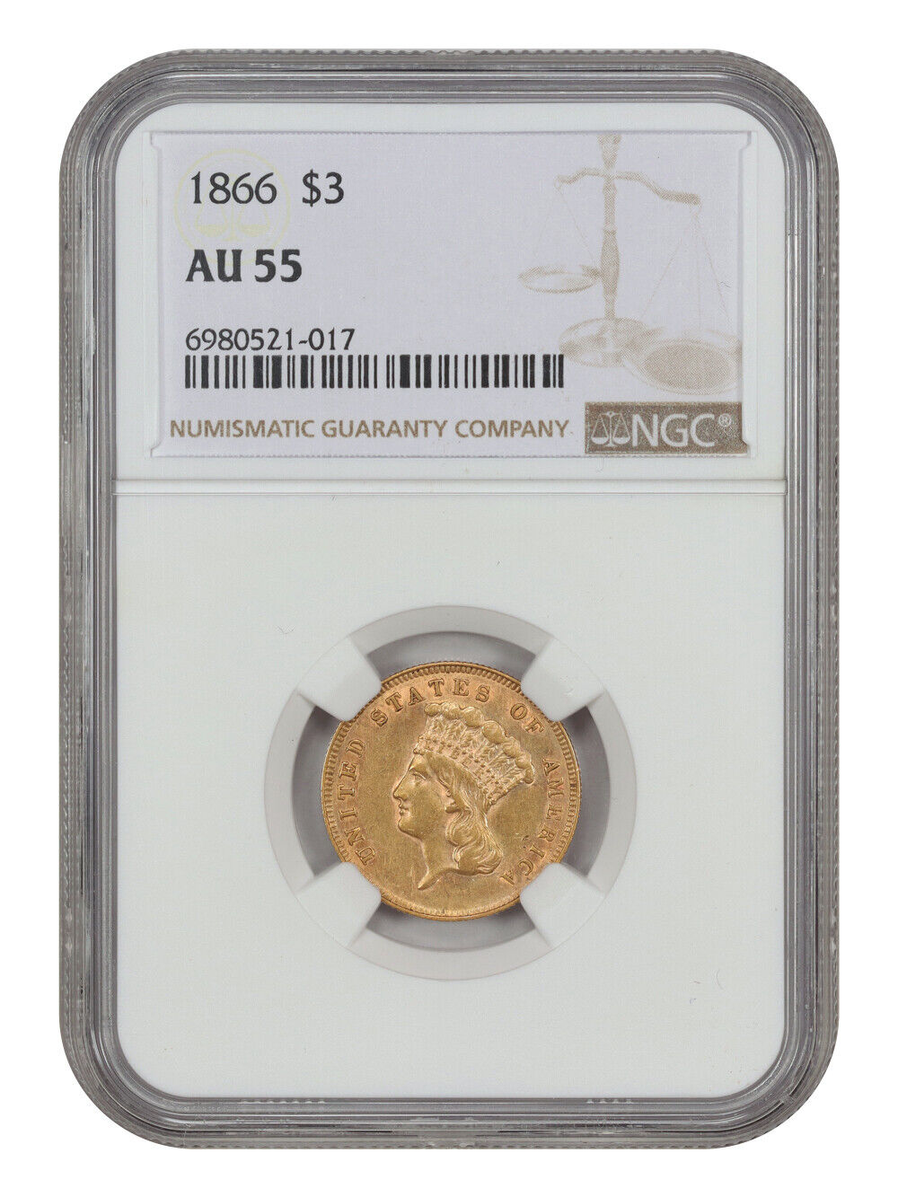 1866 $3 NGC AU55 - Three Dollar - Very Low Mintage Gold - Only 4000 Coins Struck