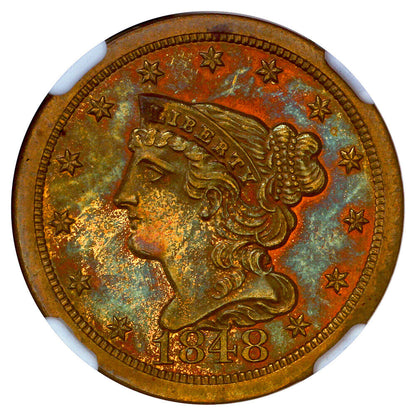 1848 1/2C NGC PR66RB (Restrike) - Braided Hair Half Cent - Scarce Proof Restrike