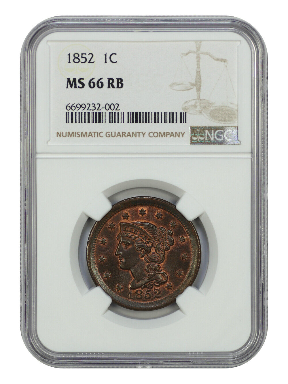 1852 1C NGC MS66RB - Braided Hair Cent