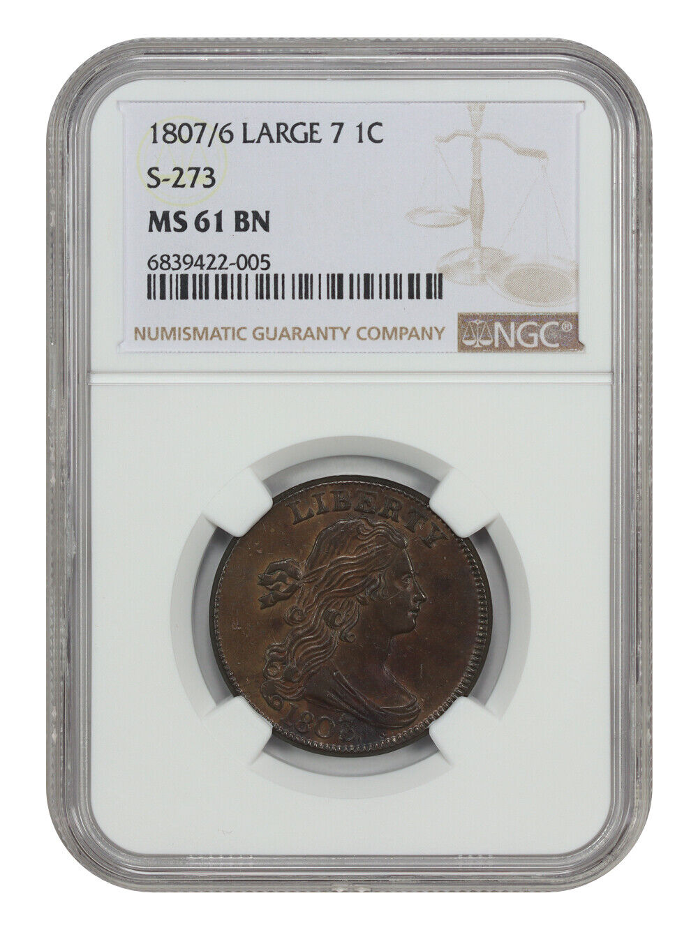 1807/6 1C Large 7 NGC MS61BN (S-273) - Draped Bust Cent