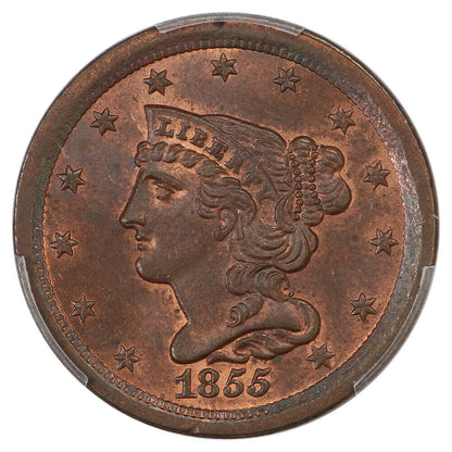 1855 1/2C PCGS MS65RB - Braided Hair Half Cent - Tough in RB!