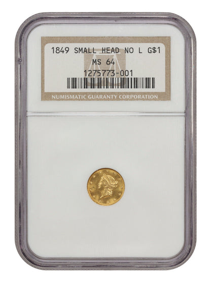 1849 G$1 NGC MS64 (No L, Small Head) - Gold Dollar - Better Die Variety