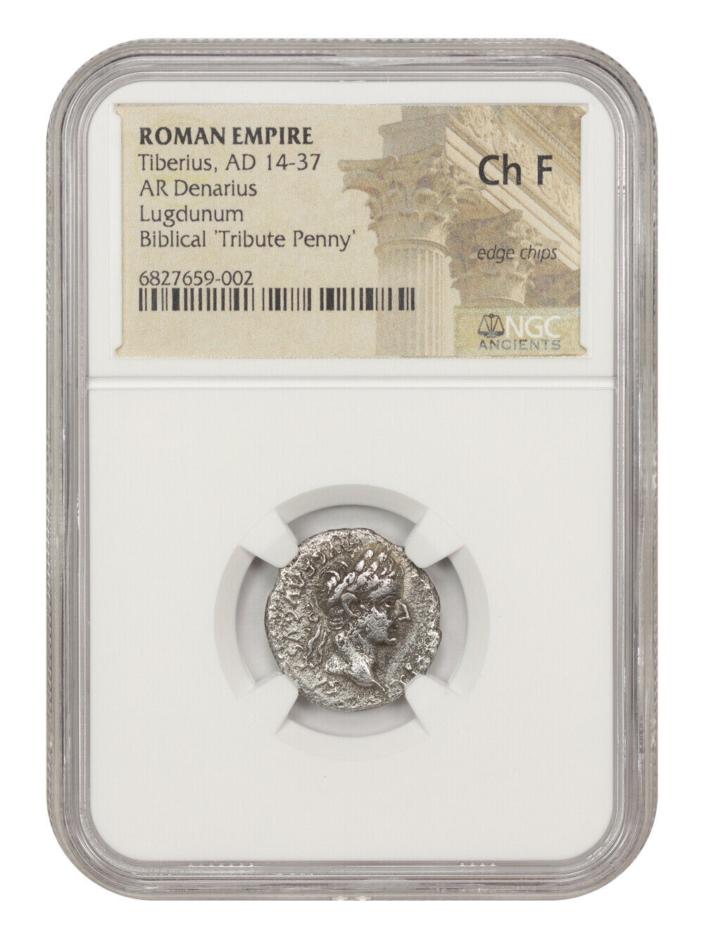 Ancient Roman: Tiberius (AD 14-37) AR Denarius NGC Choice Fine (Lugdunum)