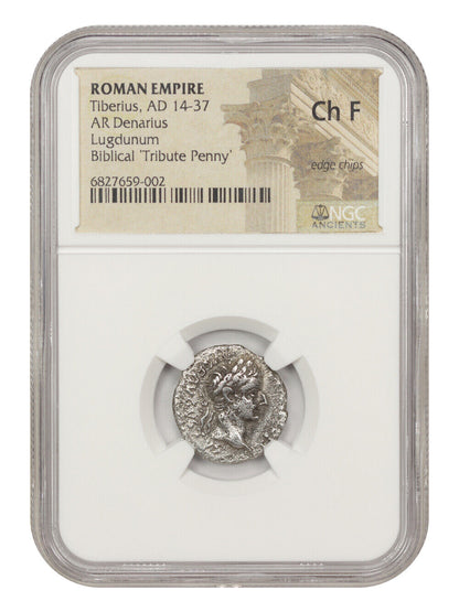 Ancient Roman: Tiberius (AD 14-37) AR Denarius NGC Choice Fine (Lugdunum)