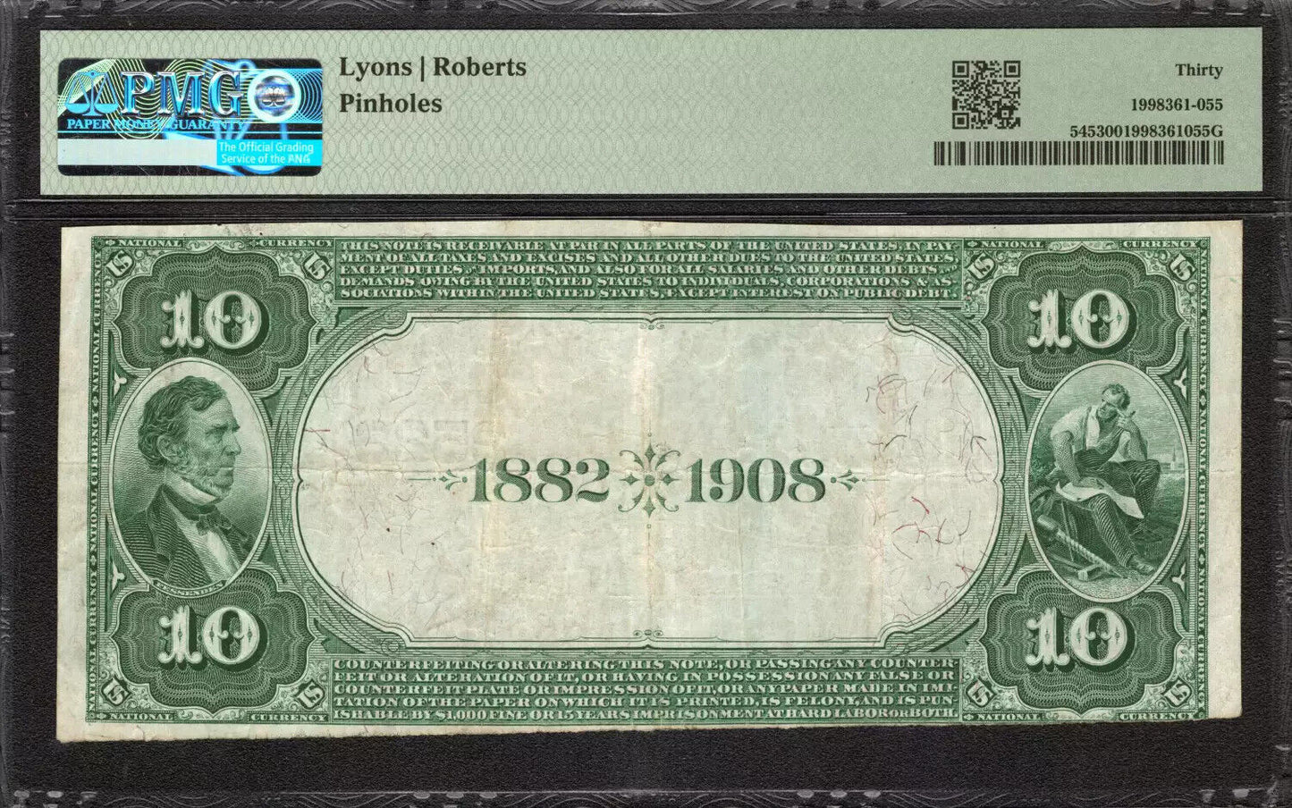 1882 $10 FIRST NATIONAL BANKNOTE CURRENCY HASTINGS NE FR.545 PMG 30 VF (055)