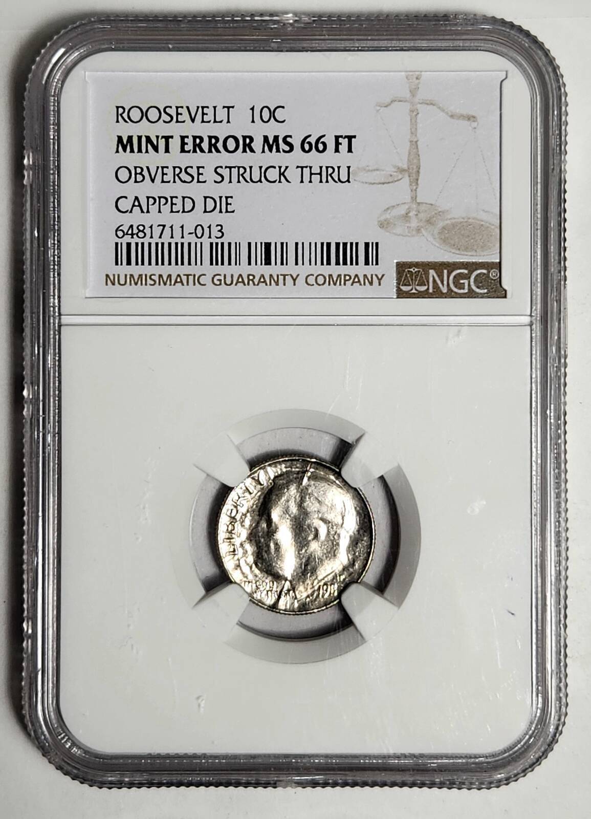 1987 P Dime Roosevelt NGC MS-66 FT - OBVERSE STRUCK THROUGH - CAPPED DIE