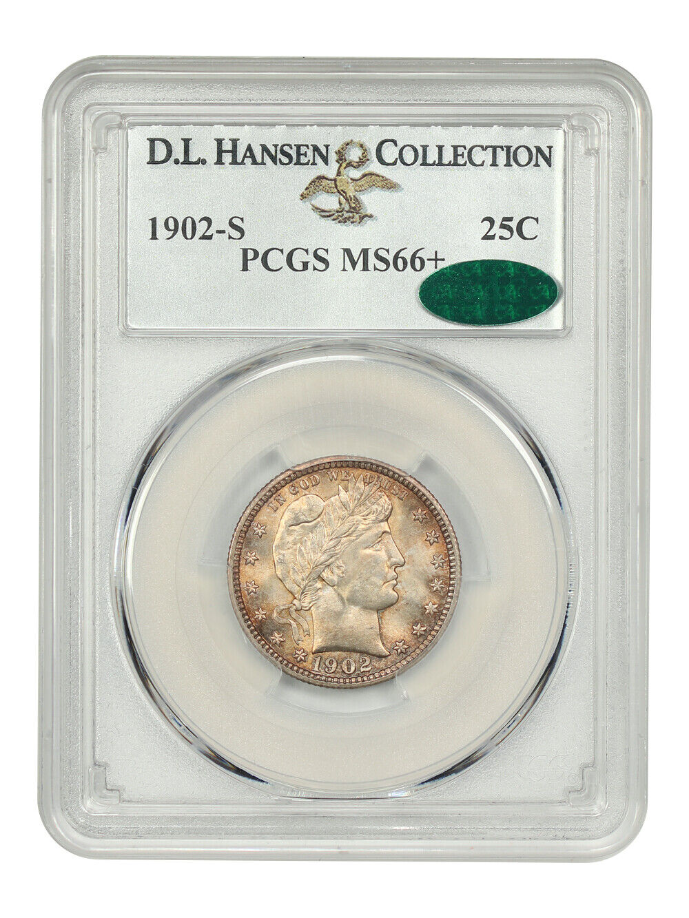 1902-S 25C PCGS/CAC MS66+ ex: D.L. Hansen - Barber Quarter