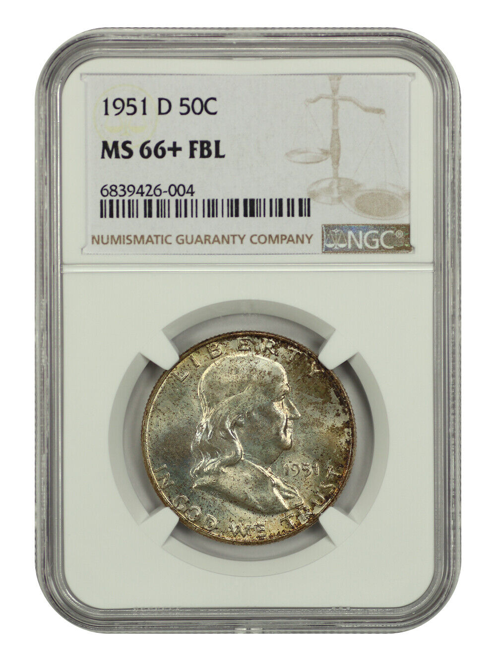 1951-D 50C NGC MS66+FBL - Franklin Half Dollar