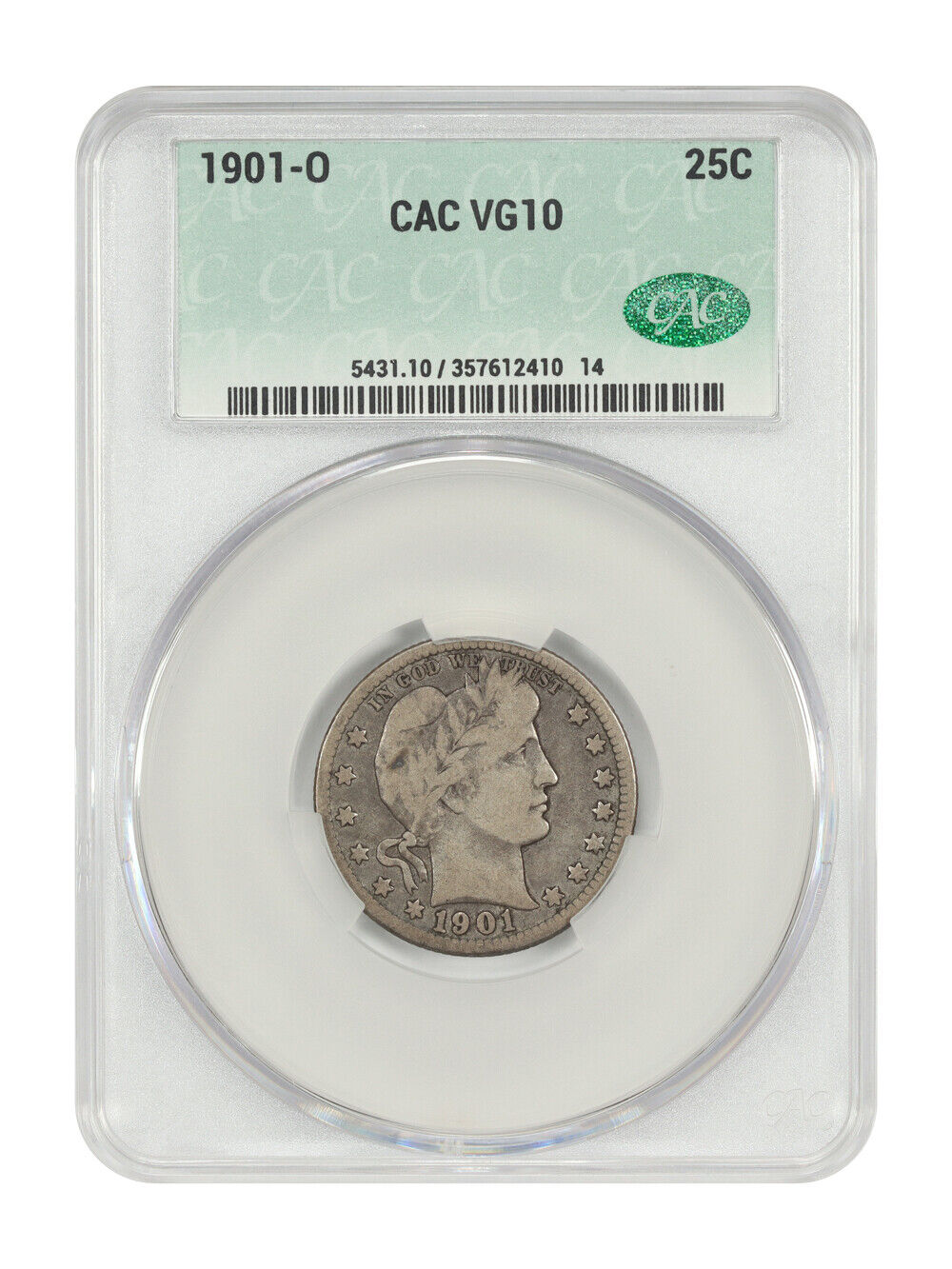 1901-O 25C CACG VG10 - Barber Quarter - Better O-Mint