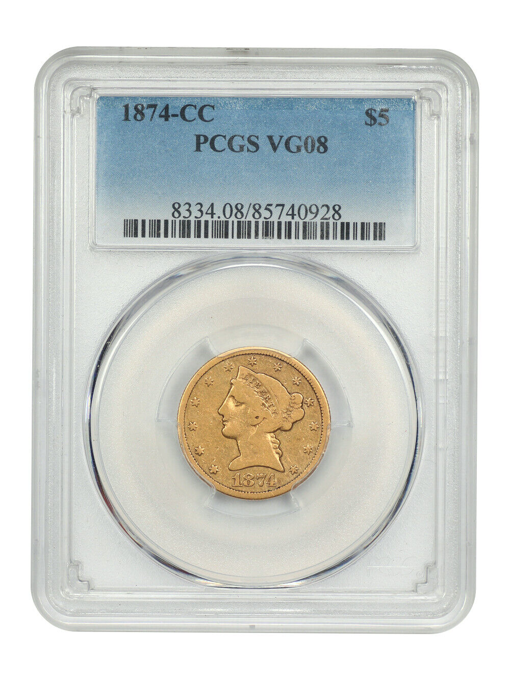 1874-CC $5 PCGS VG08