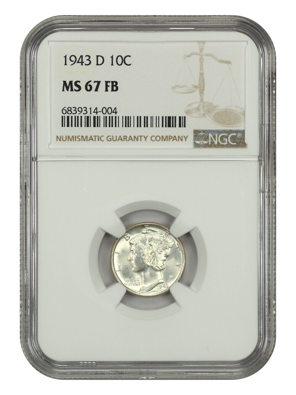 1943-D 10C NGC MS67FB - Mercury Dime