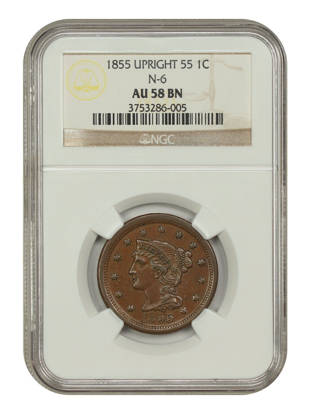 1855 1C NGC AU58 (N-6, Upright 55) - Braided Hair Cent