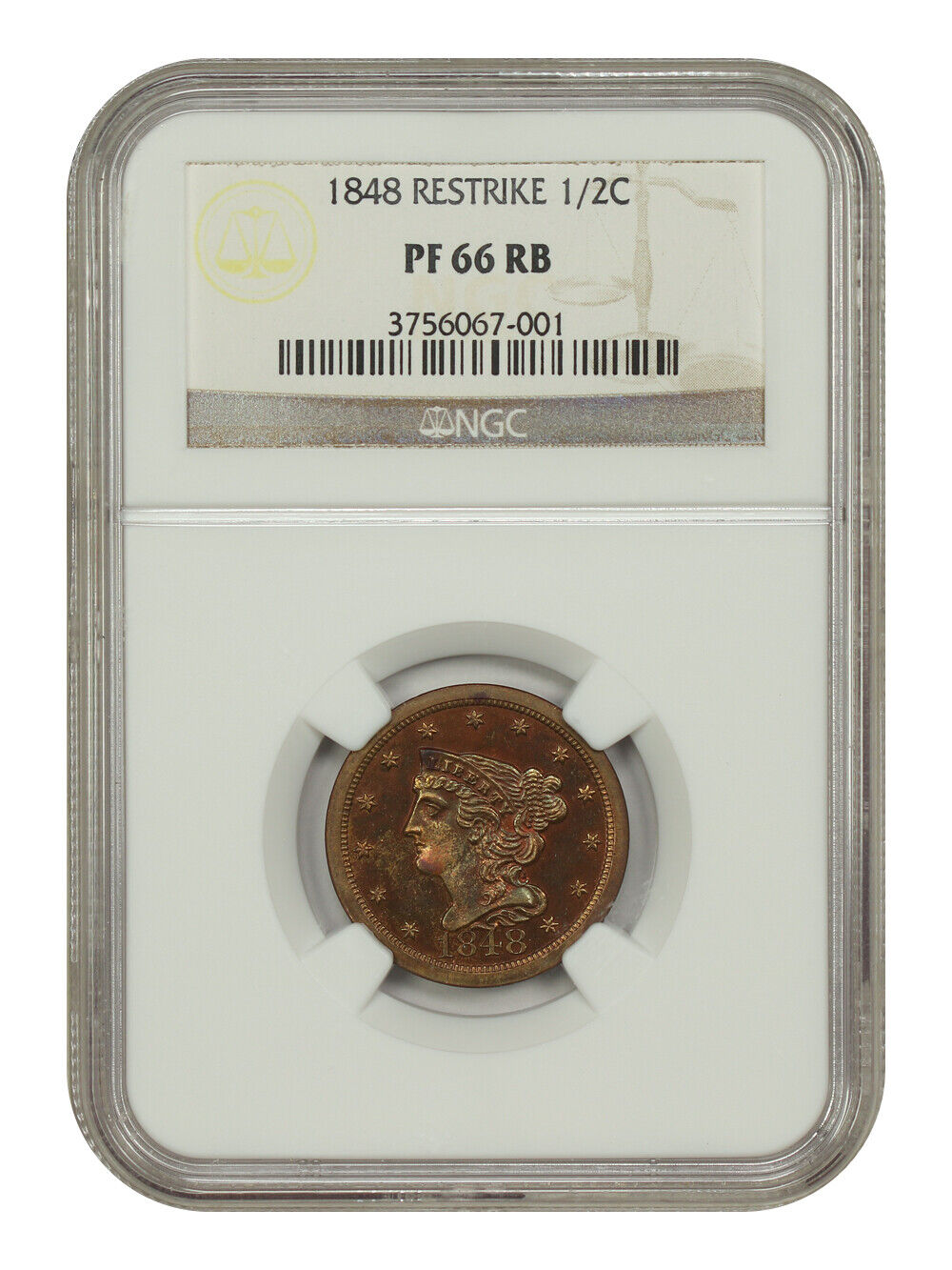 1848 1/2C NGC PR66RB (Restrike) - Braided Hair Half Cent - Scarce Proof Restrike