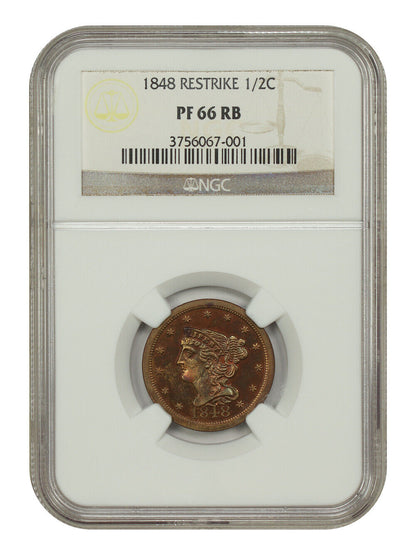 1848 1/2C NGC PR66RB (Restrike) - Braided Hair Half Cent - Scarce Proof Restrike