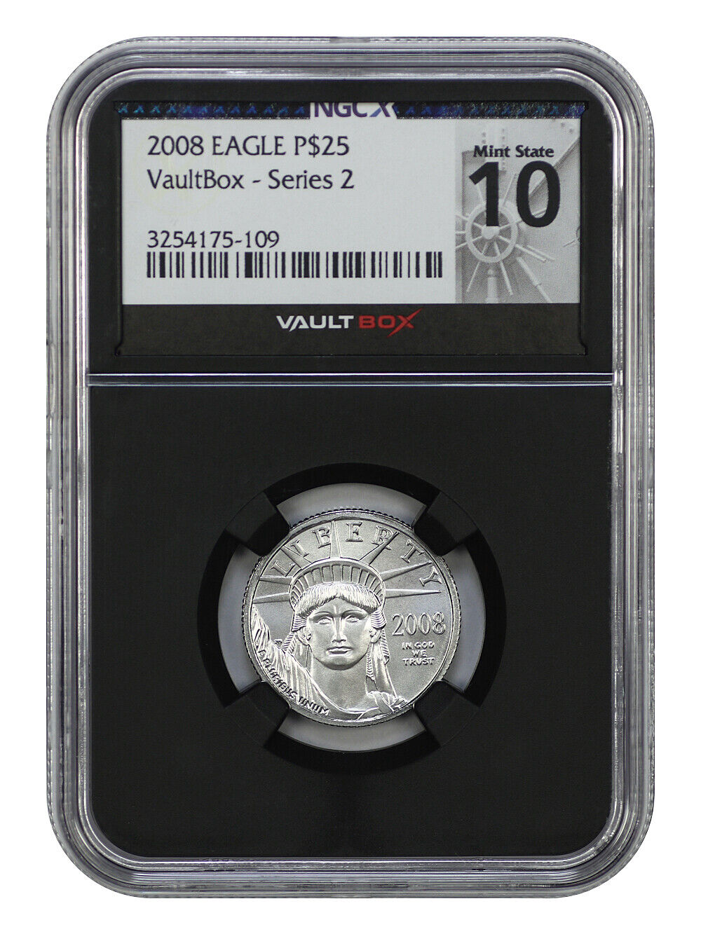 2008 $25 Statue of Liberty NGCX Mint State 10 (Vaultbox - Series 2)