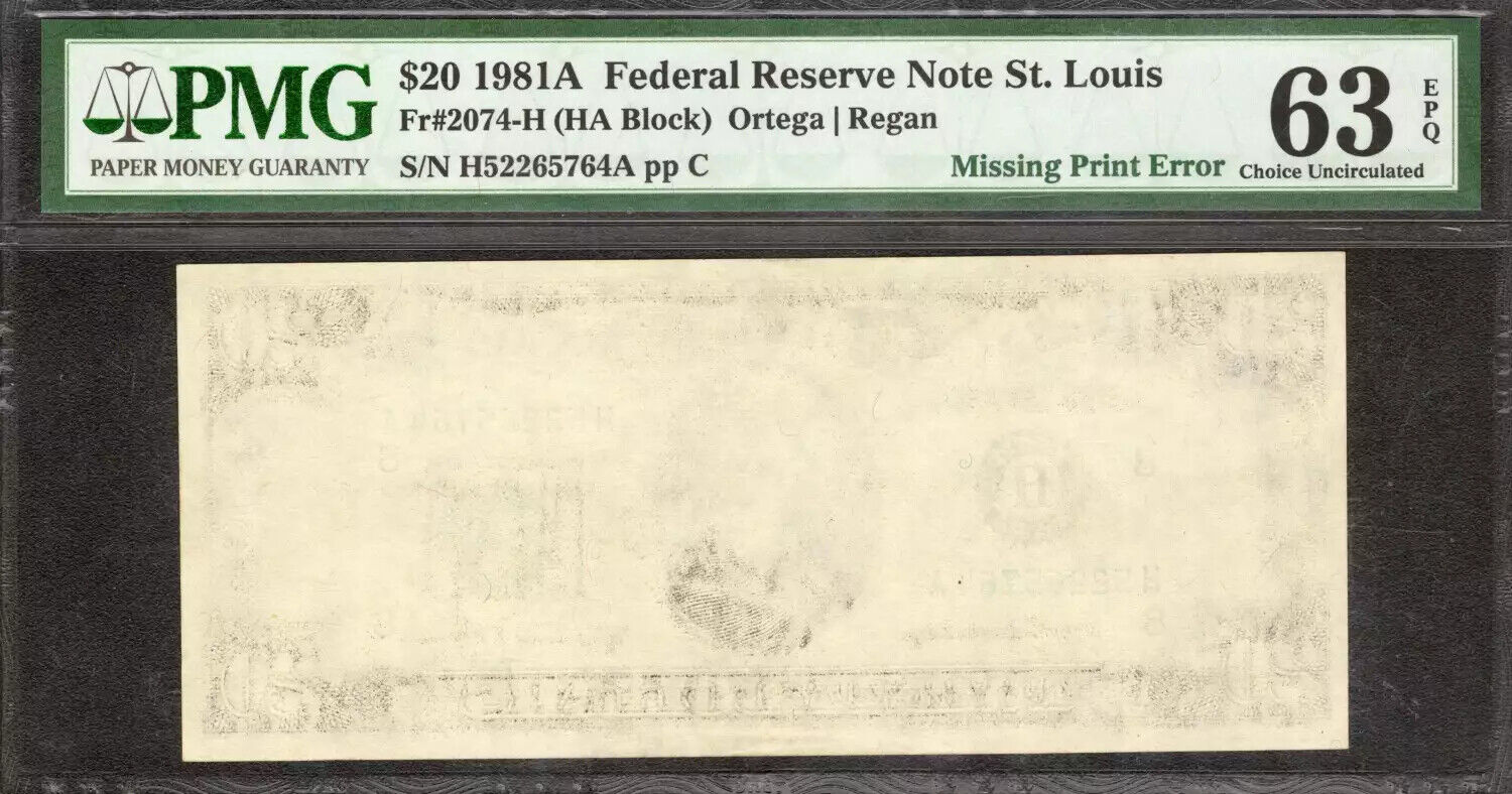 1981A FEDERAL RESERVE NOTE $20 ST LOUIS PMG CU 63 EPQ MISSING PRINT ERROR (764A)