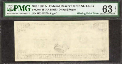 1981A FEDERAL RESERVE NOTE $20 ST LOUIS PMG CU 63 EPQ MISSING PRINT ERROR (764A)