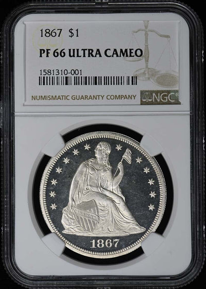 1867 Seated Liberty Motto S$1 NGC PR66DCAM Ultra Cameo