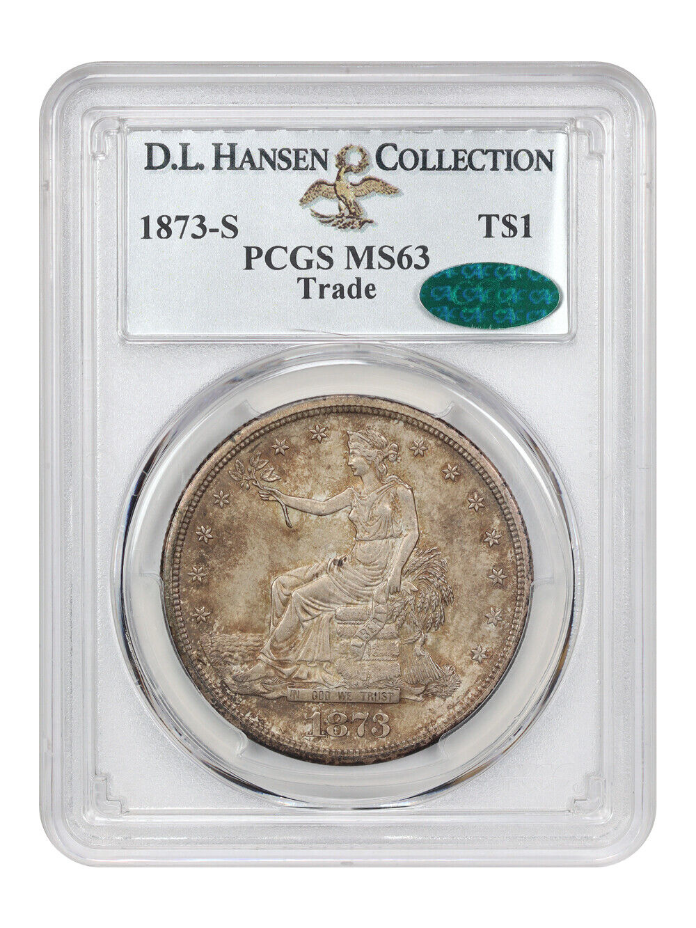 1873-S Trade $1 PCGS/CAC MS63 ex: D.L. Hansen