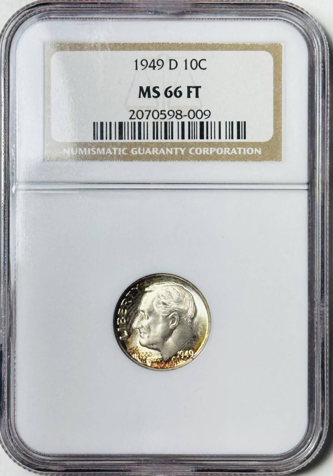 1949 D Dimes Roosevelt NGC MS-66 FT PRETTY COLOR