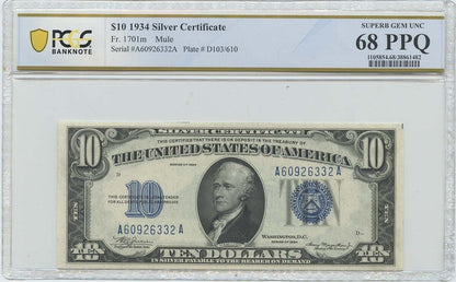 1934 $10 Silver Cert FR#1701 PCGS 68 Superb Gem UNC PPQ Mule Pop2