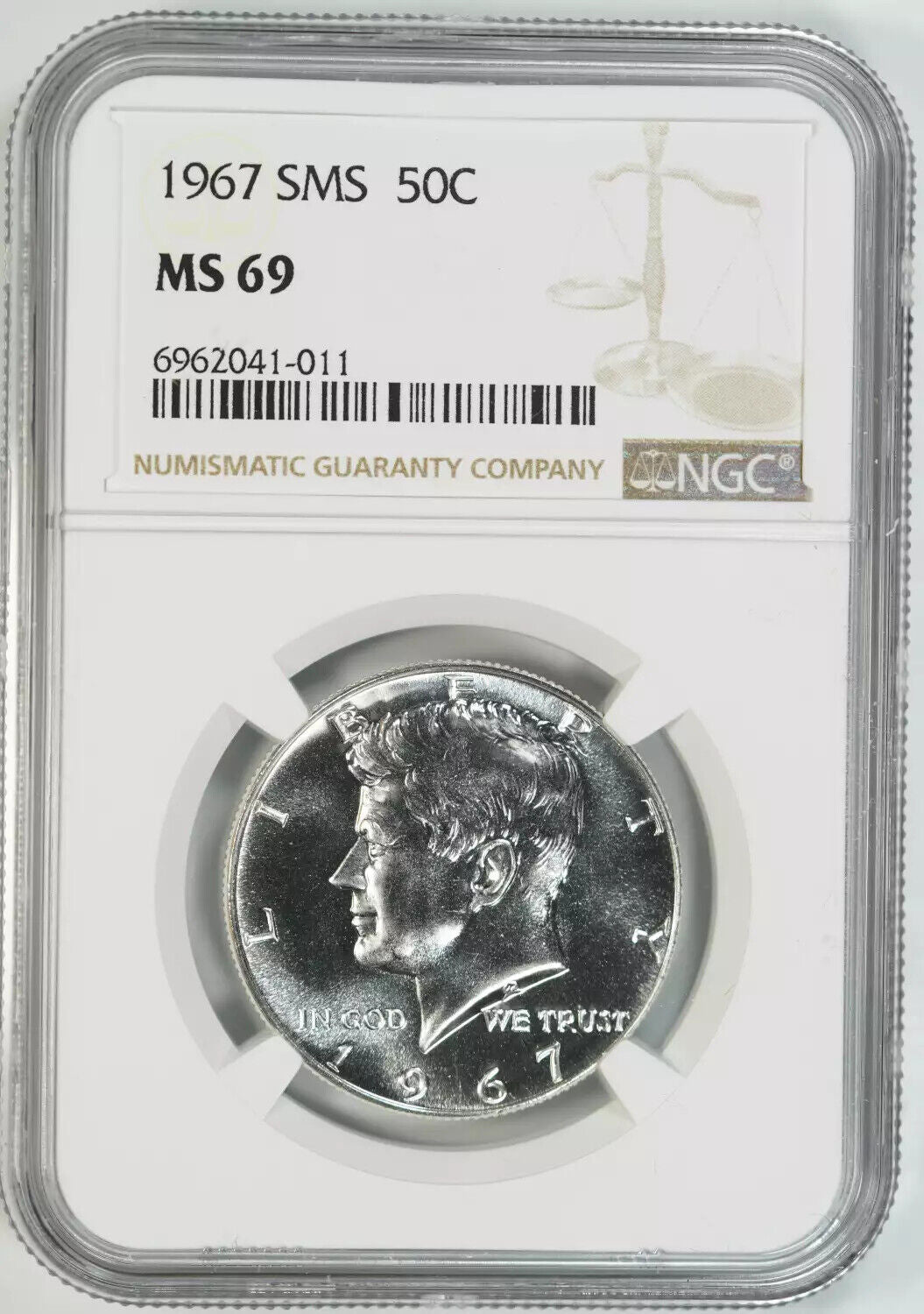 1967 SMS KENNEDY HALF DOLLAR 50C NGC CERTIFIED MS 69 MINT STATE UNC (011)