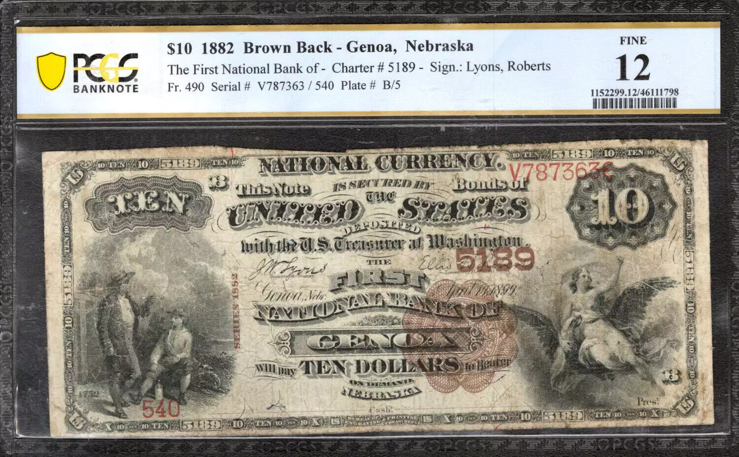 1882 BB $10 FIRST NATIONAL BANKNOTE CURRENCY GENOA NEBRASKA PCGS F 12 FINE (363)