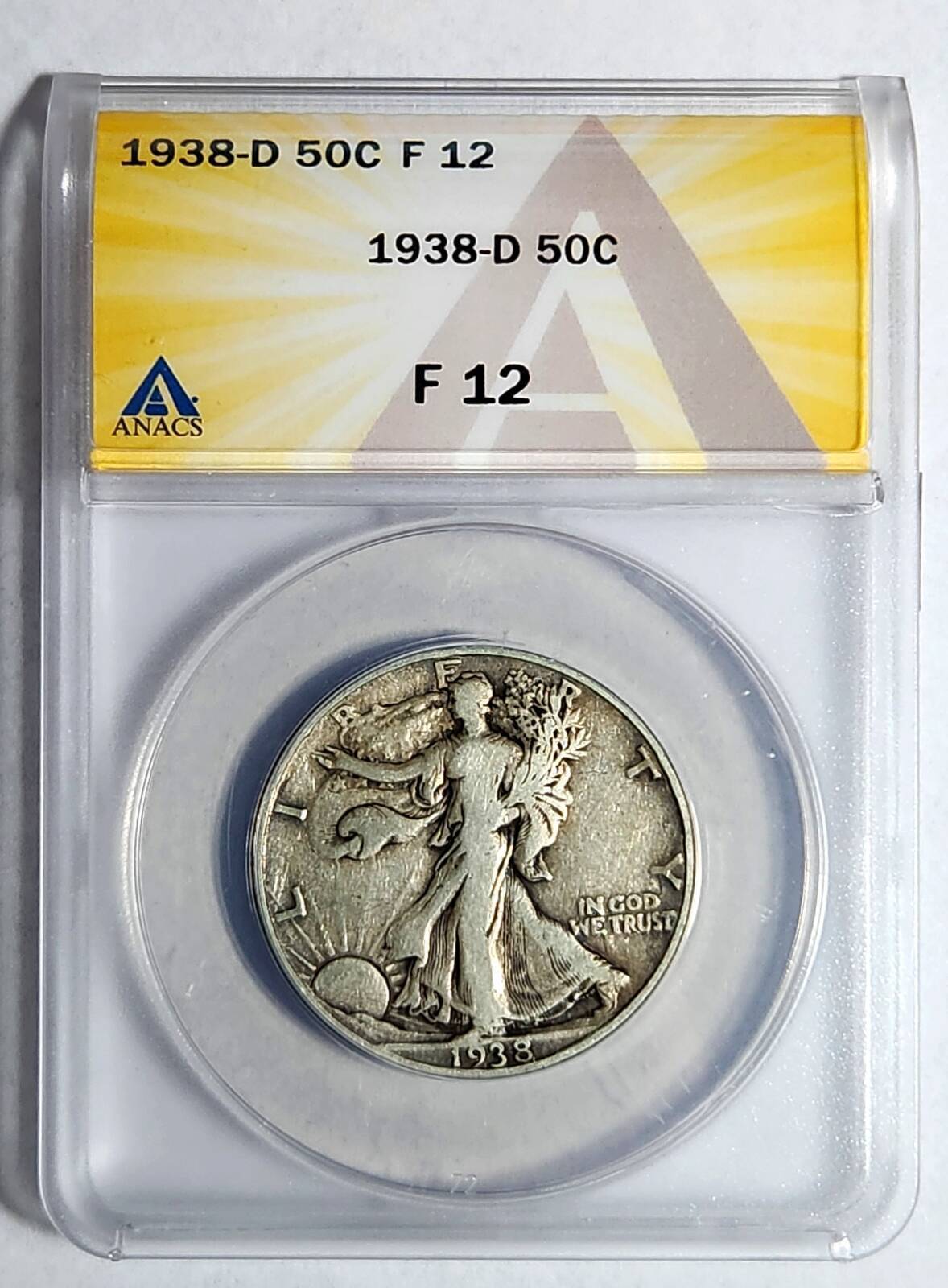 1938 D Walking Liberty Half Dollar ANACS F-12