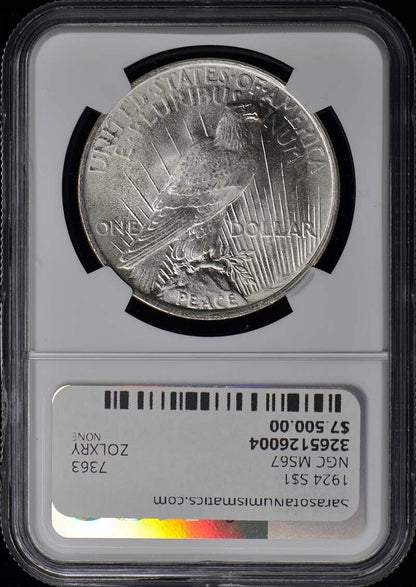 1924 Peace Dollar S$1 NGC MS67