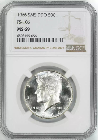 1966 SMS DDO KENNEDY HALF DOLLAR 50C FS-106 NGC CERTIFIED MS 69 MINT UNC (056)