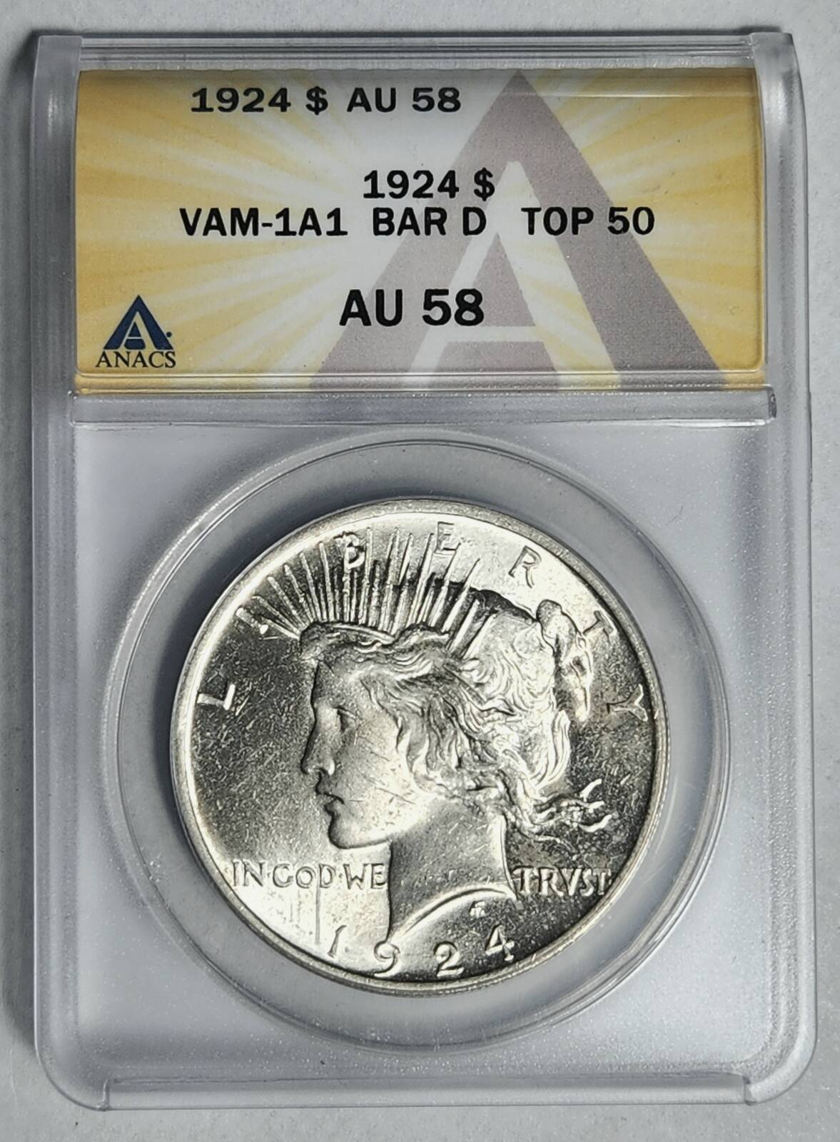 1924 P Morgan Silver Dollar ANACS AU-58 VAM-1A1 - BAR D - TOP 50