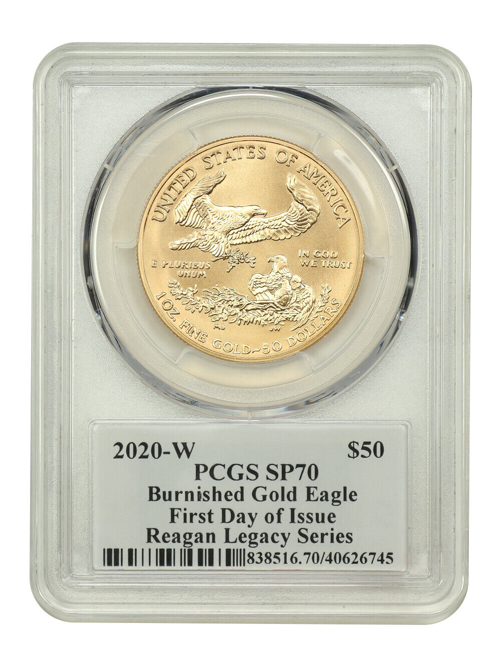 2020-W $50 Burnished Gold Eagle First Day of Issue Michael Reagan PCGS SP70