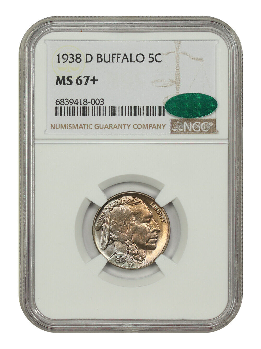 1938-D 5C Buffalo NGC/CAC MS67+ - Buffalo Nickel