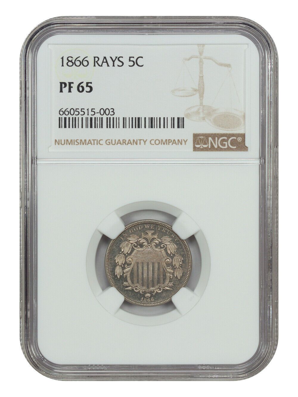 1866 5C NGC PR65 (Rays) - Shield Nickel - Elusive Proof!