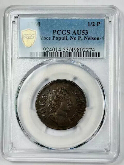 1760 Colonial Hibernia - Voce Populi Half penny PCGS AU-53 BN No P Nelson-4