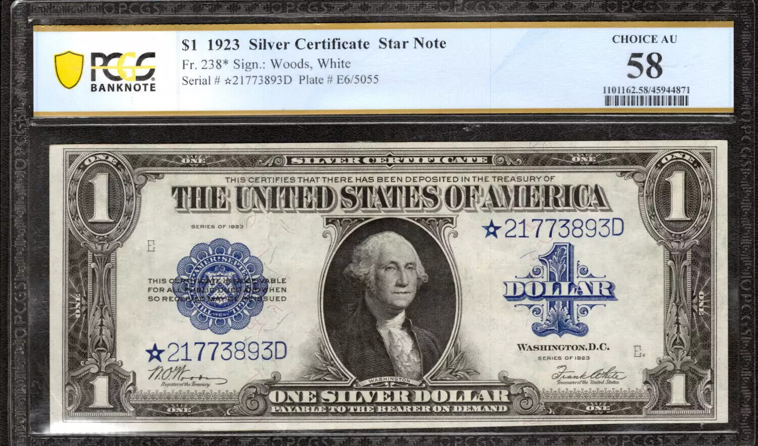 1923 $1 SILVER CERTIFICATE STAR NOTE FR.238* WOODS WHITE PCGS 58 CHOICE AU (893D