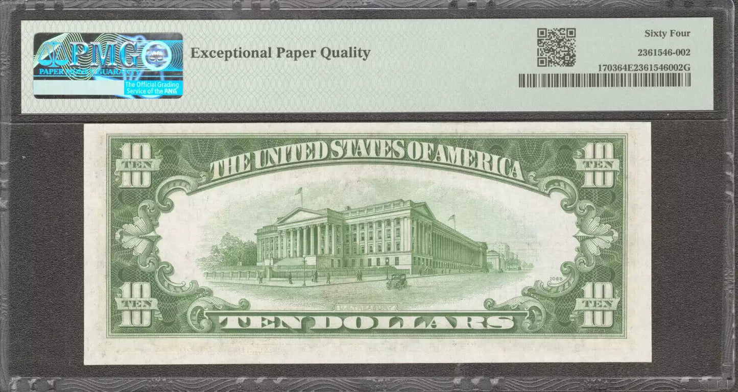 1934 B $10 SILVER CERTIFICATE FR.1703 JULIAN VINSON PMG CHOICE UNC 64 EPQ (650A)