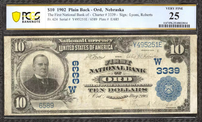 1902 $10 FIRST NATIONAL BANKNOTE CURRENCY ORD NEBRASKA PCGS 25 VERY FINE (251E)