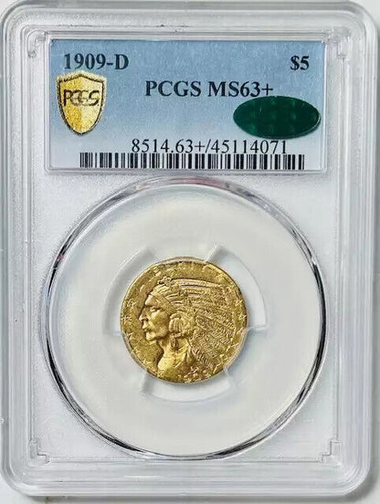 1909 D Gold Half Eagles $5 Indian Head PCGS MS-63+ CAC