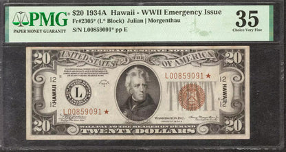 1934 A FEDERAL RESERVE STAR NOTE FR.2305* HAWAII OVERPRINT PMG 35 CH VF (091*)