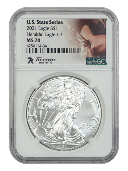 2021 $1 Silver Eagle NGC MS70 (Type 1, U.S. State Series-Tennessee)