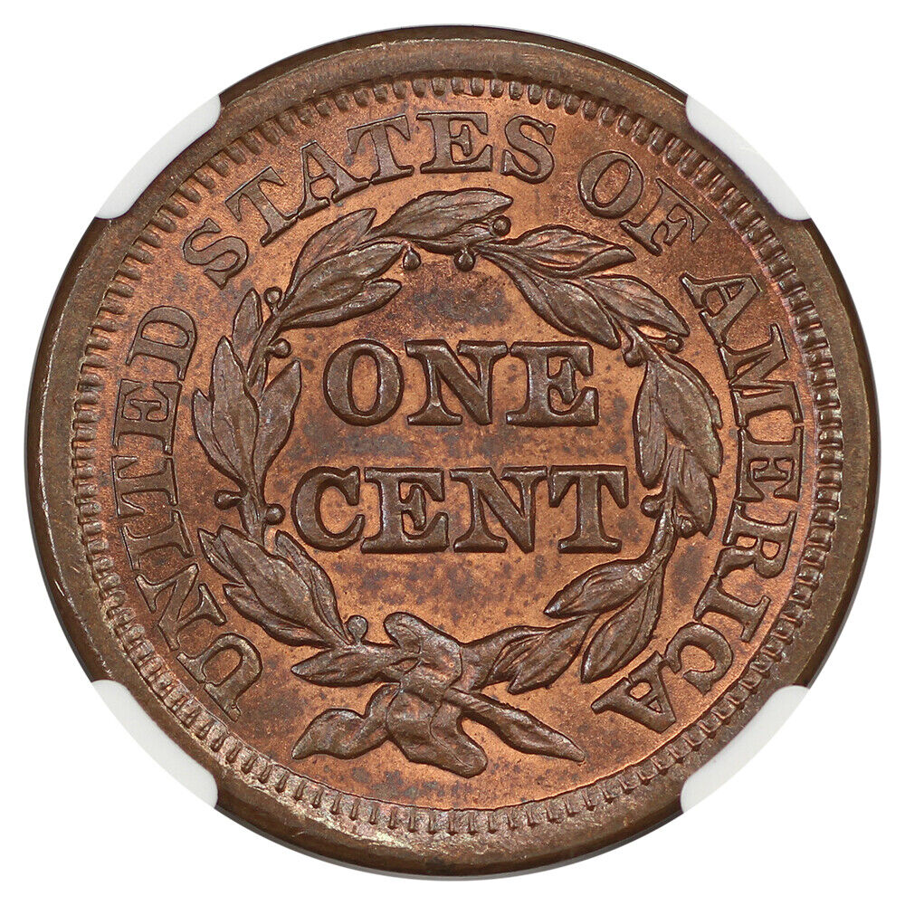 1855 1C NGC MS65RB (Upright 55) - Braided Hair Cent