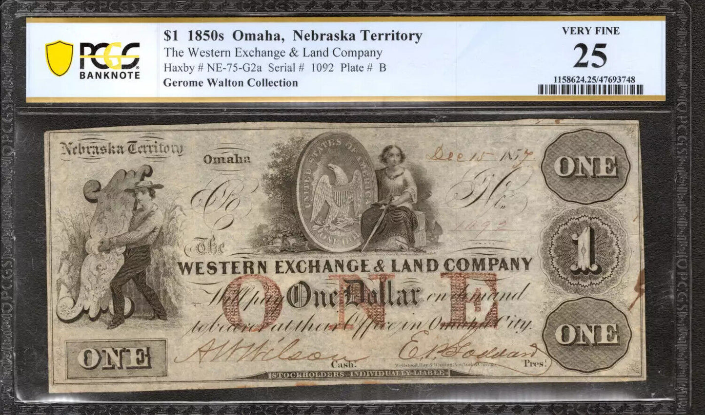 1857 $1 WESTERN EXCHANGE LAND COMPANY OMAHA NEBRASKA OBSOLETE NOTE PCGS VF 25