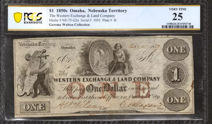 1857 $1 WESTERN EXCHANGE LAND COMPANY OMAHA NEBRASKA OBSOLETE NOTE PCGS VF 25