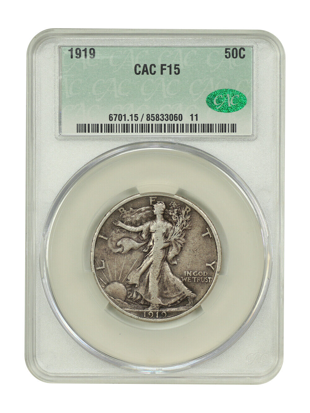 1919 50C CACG F15 - Walking Liberty Half Dollar - Scarce, Early Walker