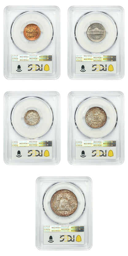 Mint Set: 1954-D 1C-50C PCGS MS64-65 (5 Coins)