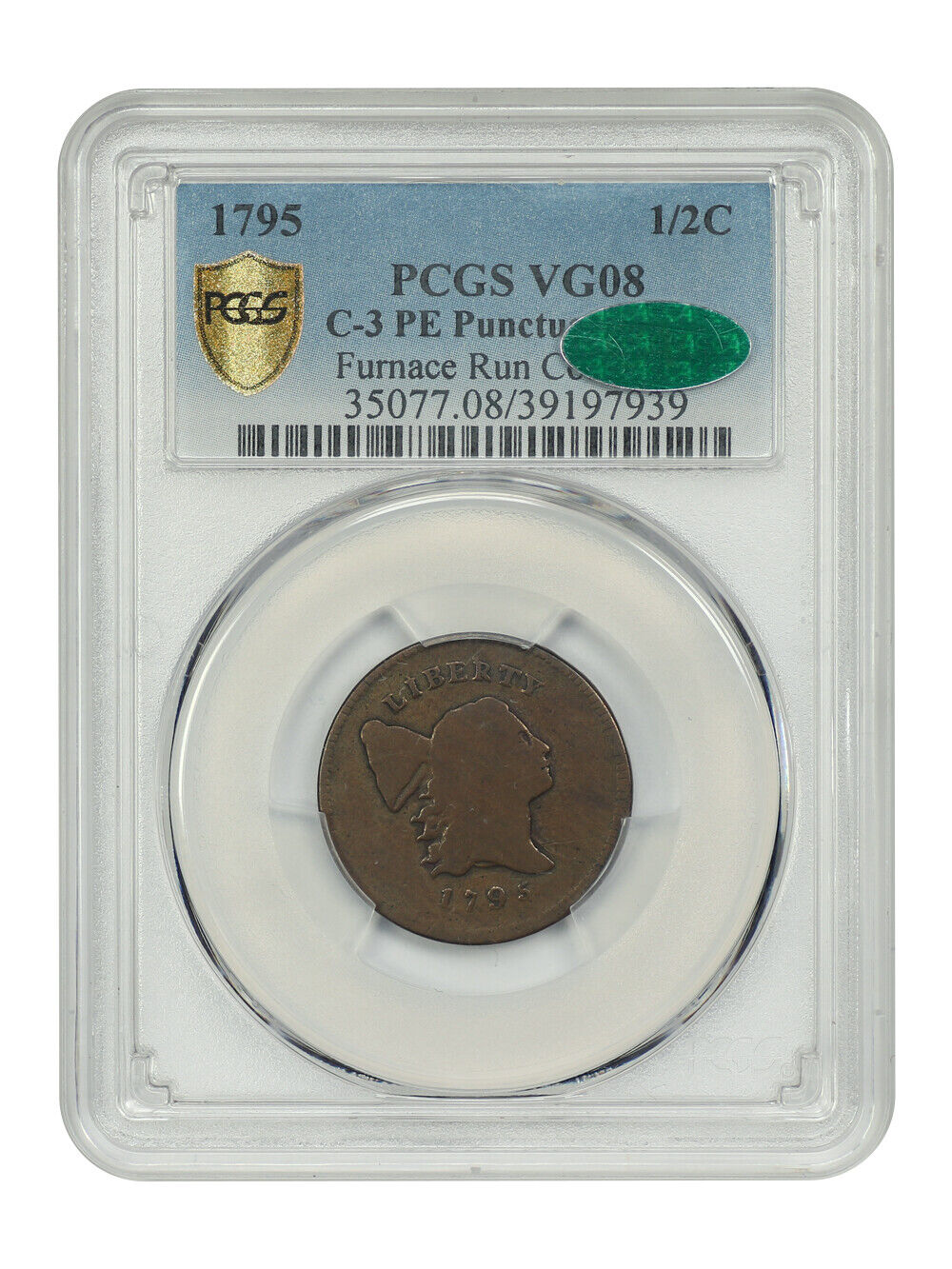 1795 1/2C PCGS/CAC VG8 (C-3, PE, Punctuated Date) ex: Furnace Run