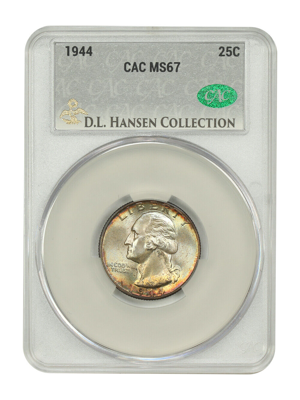 1944 25C CACG MS67 ex: D.L. Hansen - Washington Quarter - Rainbow Rim Toning